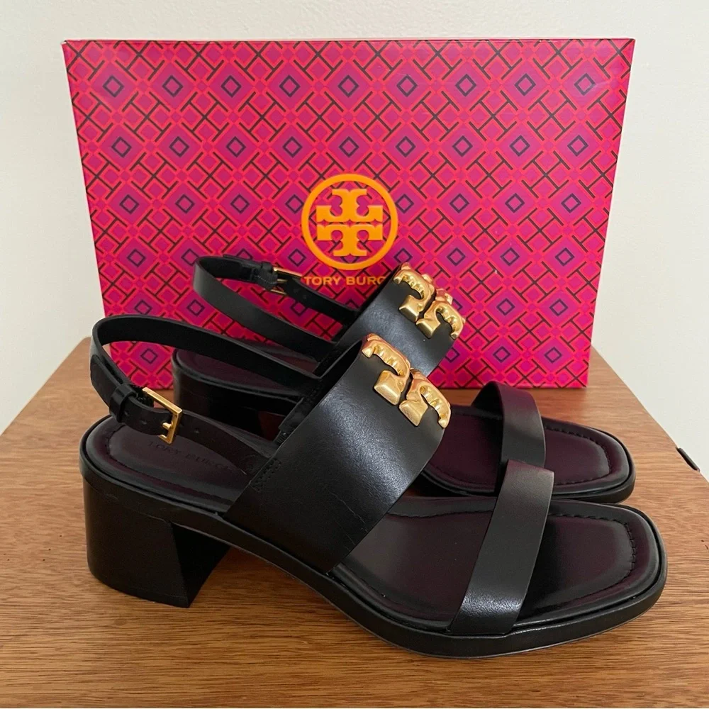 Brand New 💜 Tory Burch Black and Gold Block Heel Sandals - Picture 9 of 13